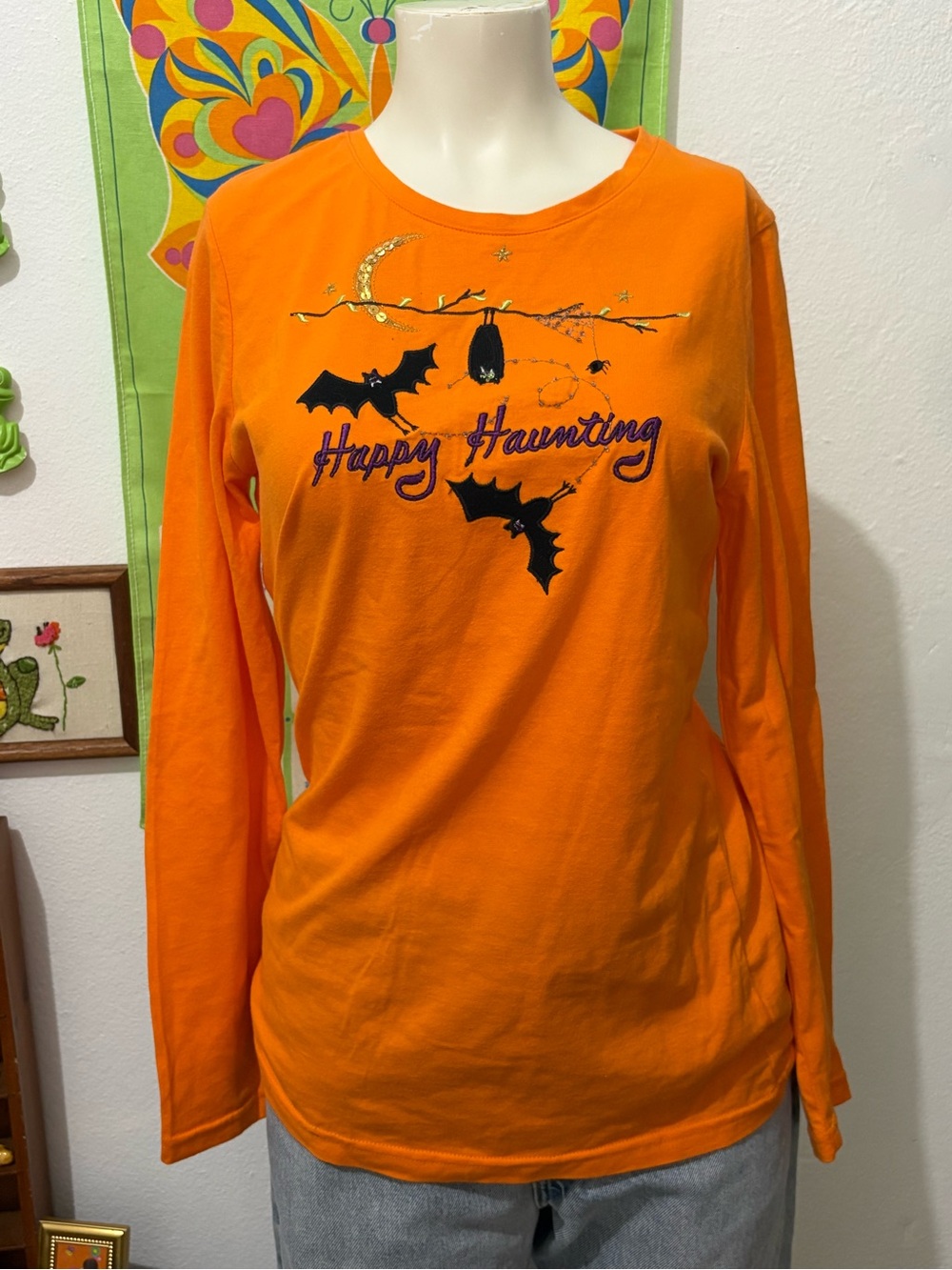 Women’s Orange "Happy Haunting" Bat Embroidered Long-Sleeve Small Cotton Tee